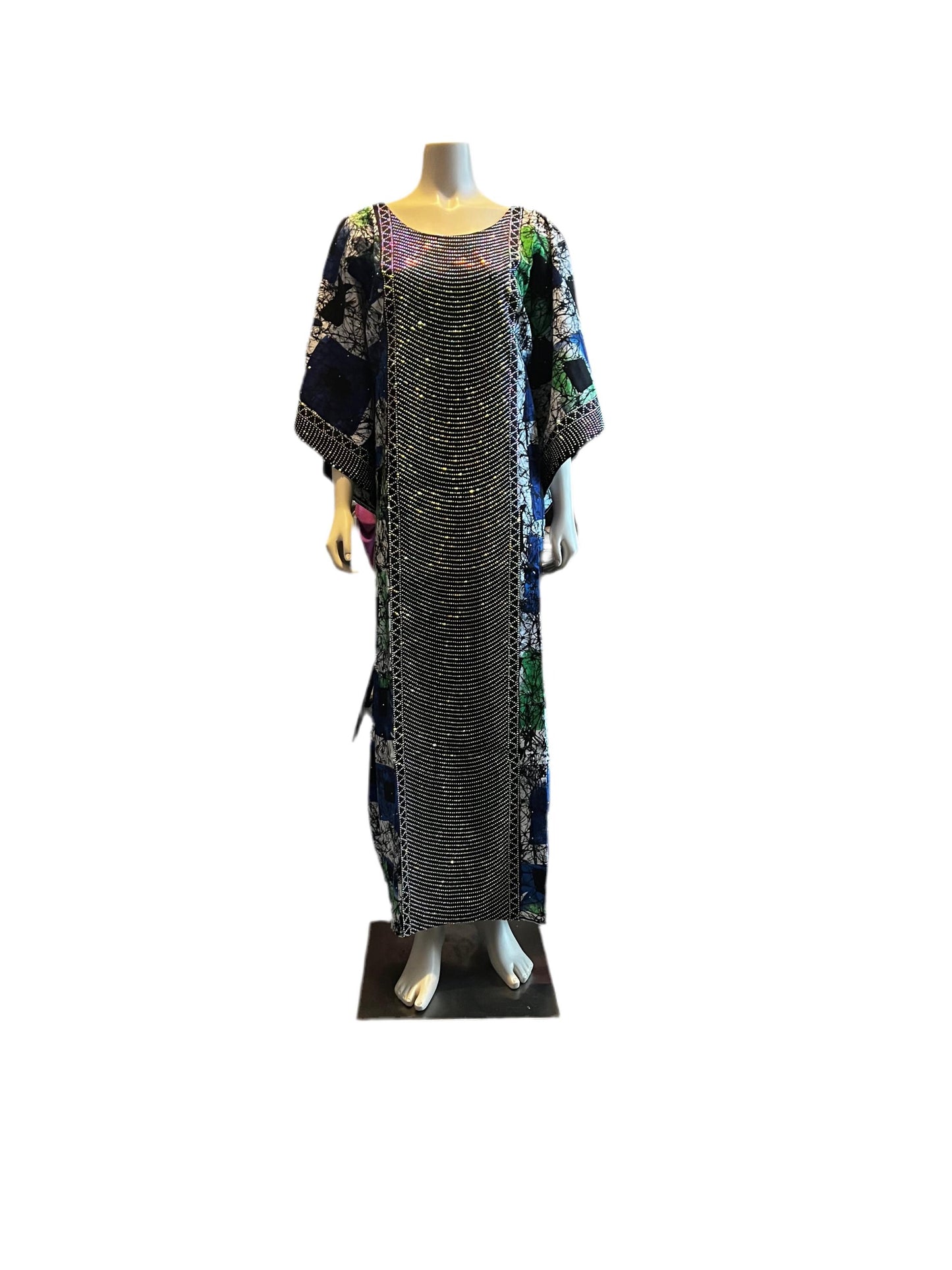 African Ankara Wax Print Kaftan Dress with Glittery Stones