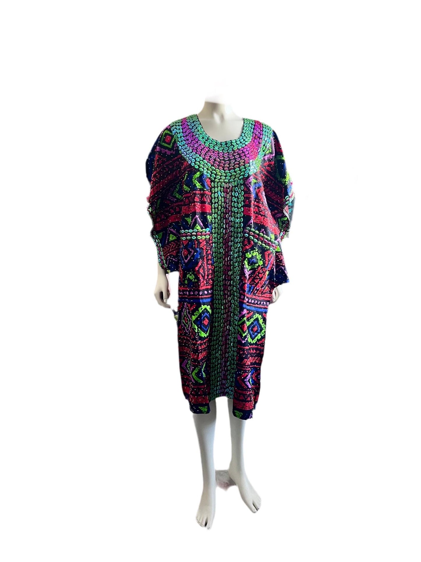 African  Ankara Wax Print Hand Beaded Short  Bubu Maxi Dress