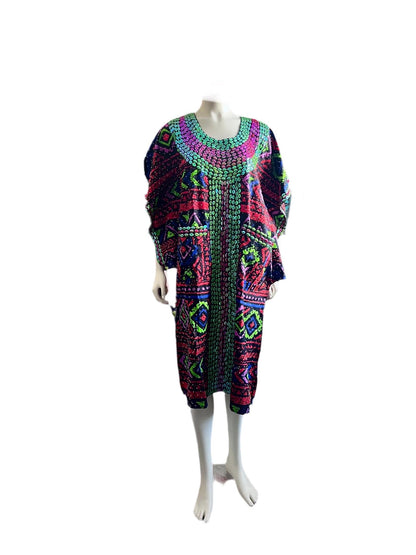African  Ankara Wax Print Hand Beaded Short  Bubu Maxi Dress