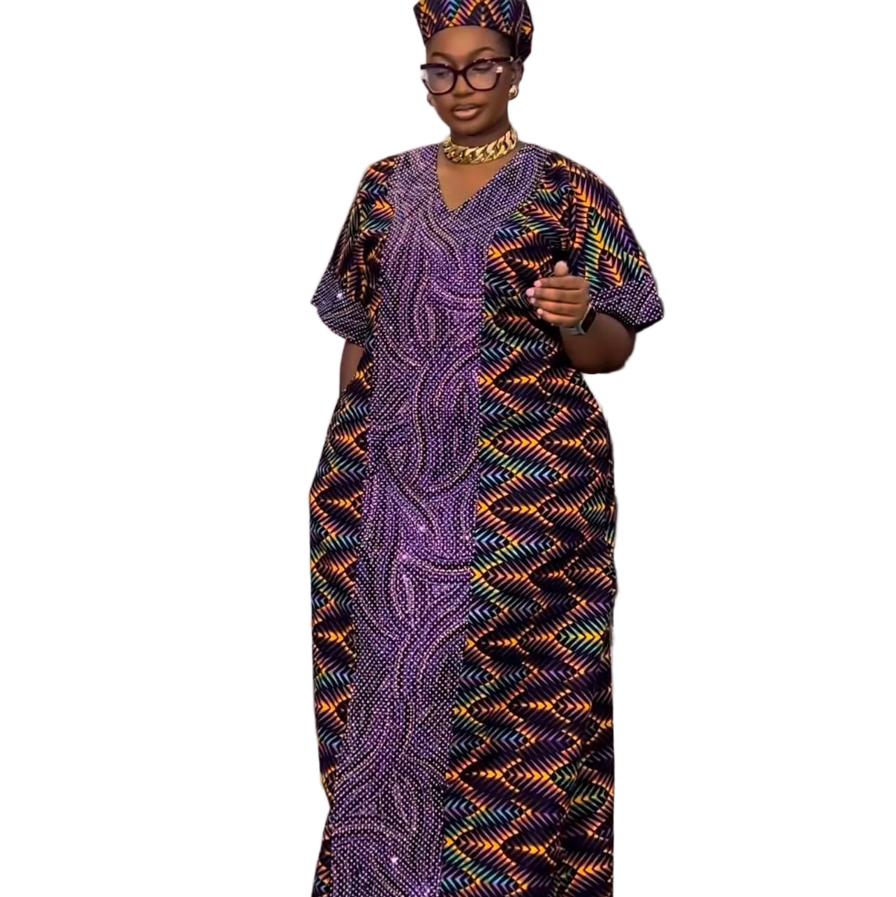 African Ankara Wax Print Kaftan Dress with Glittery Stones