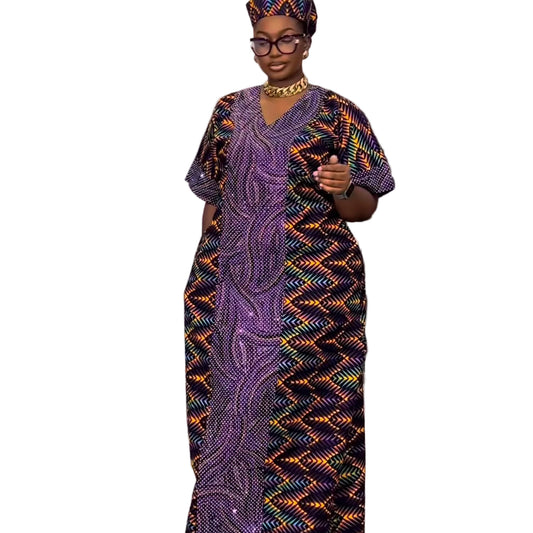 African Ankara Wax Print Kaftan Dress with Glittery Stones