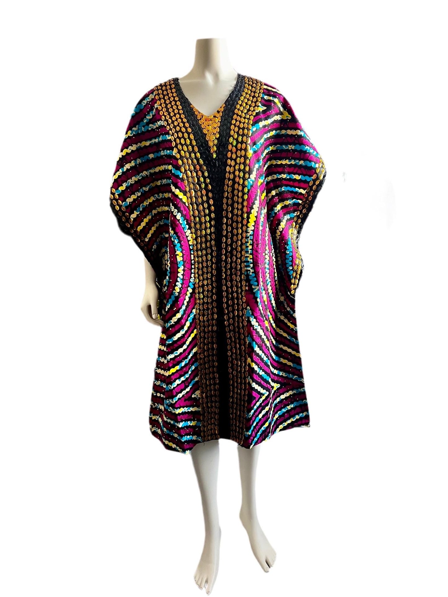 African  Ankara Wax Print Hand Beaded Short  Bubu Maxi Dress