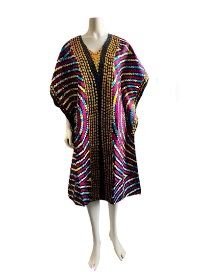 African  Ankara Wax Print Hand Beaded Short  Bubu Maxi Dress