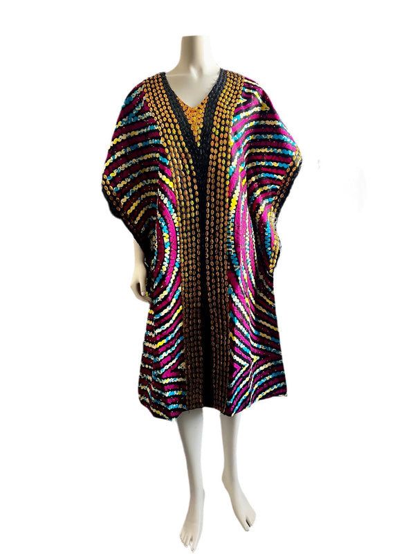 African  Ankara Wax Print Hand Beaded Short  Bubu Maxi Dress