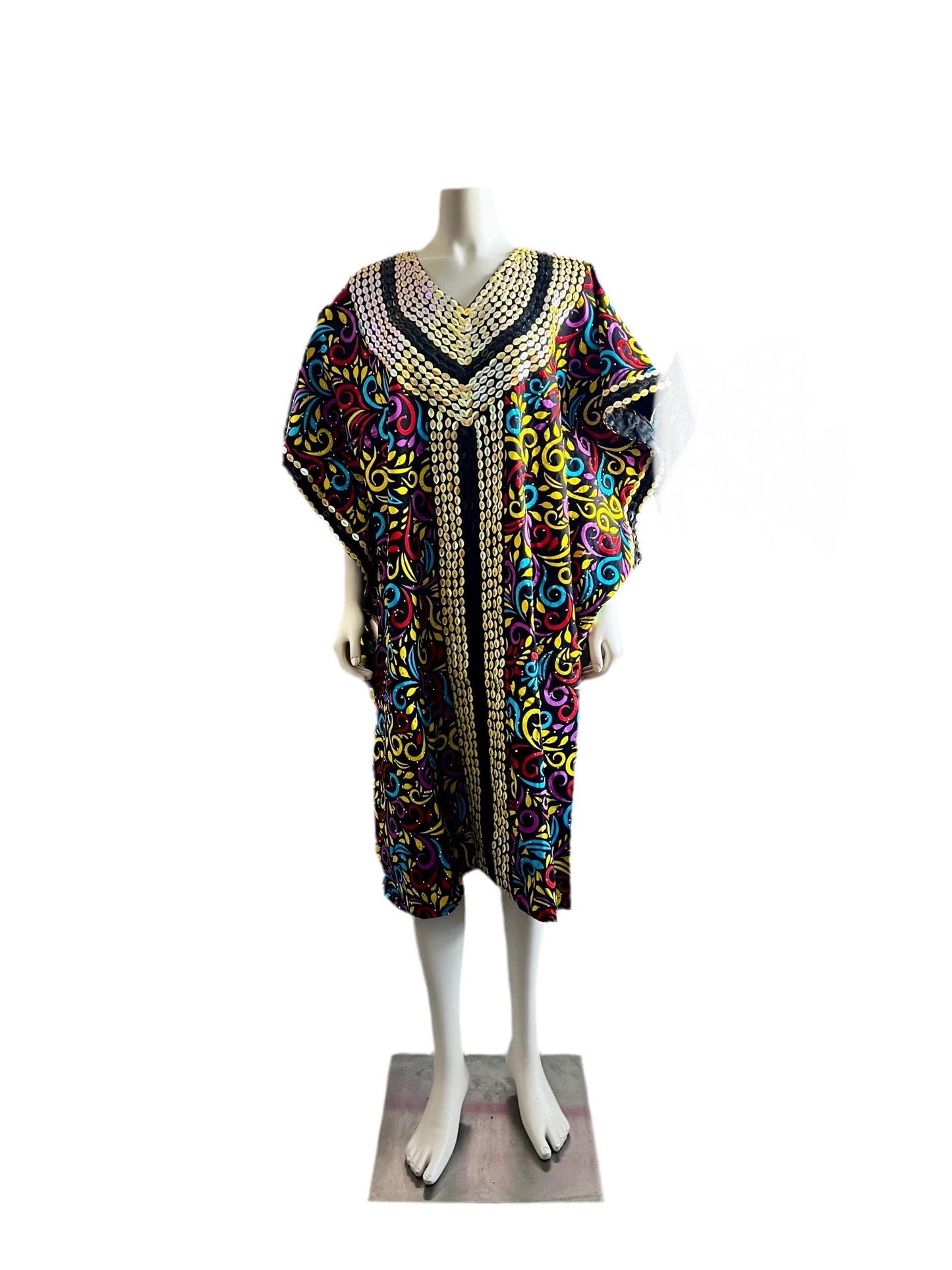 African  Ankara Wax Print Hand Beaded Short  Bubu Maxi Dress