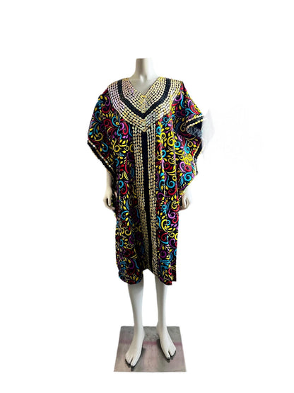 African  Ankara Wax Print Hand Beaded Short  Bubu Maxi Dress