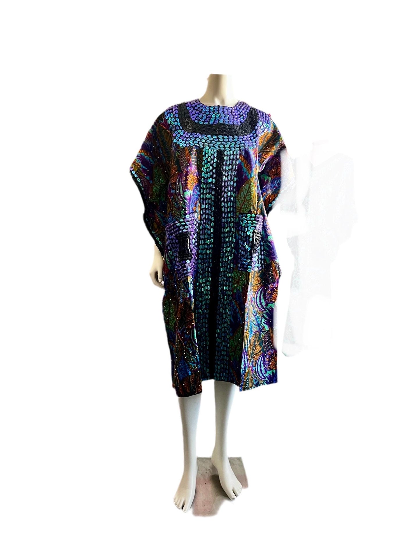 African  Ankara Wax Print Hand Beaded Short  Bubu Maxi Dress