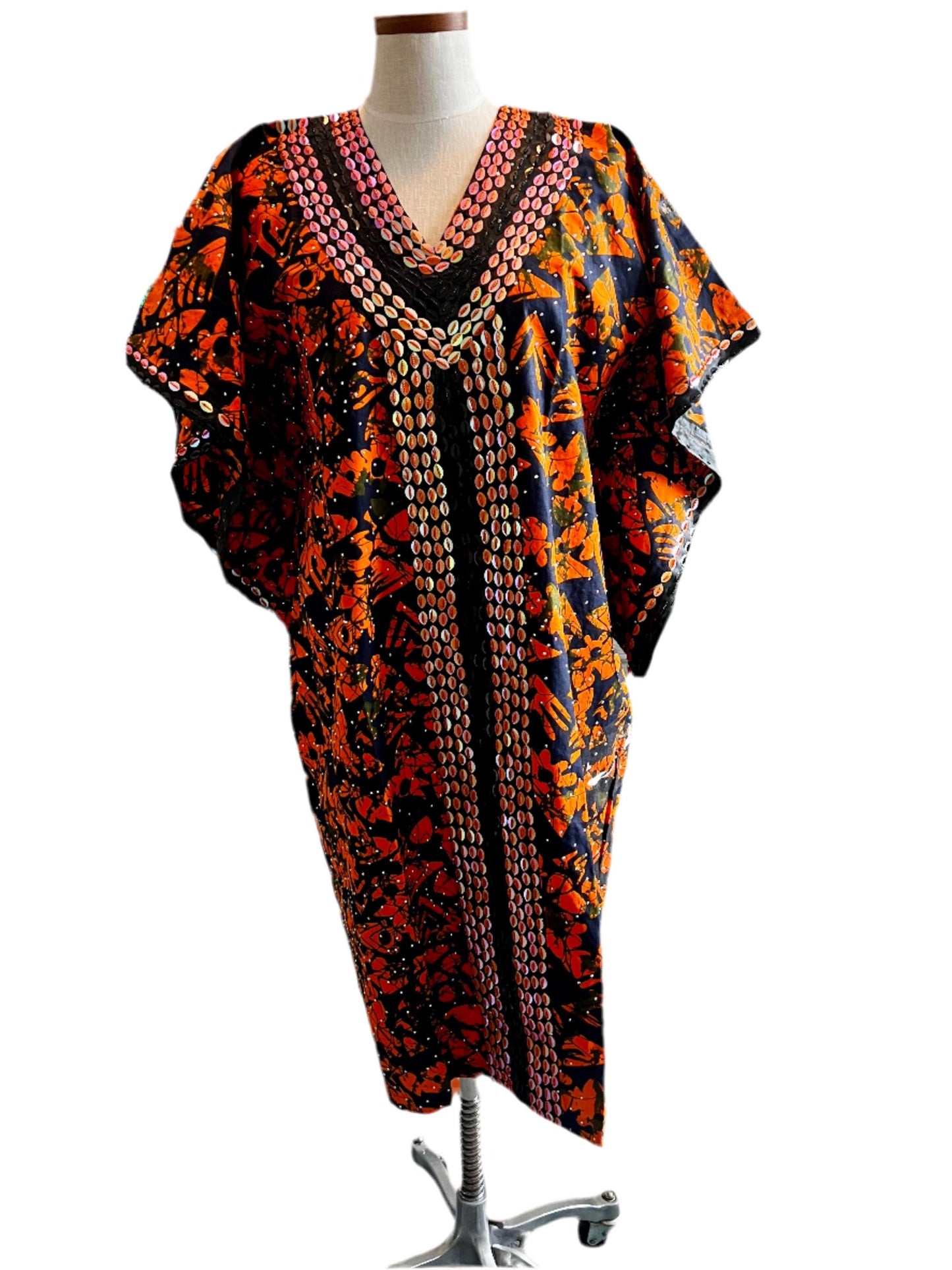 African  Ankara Wax Print Hand Beaded Short  Bubu Maxi Dress