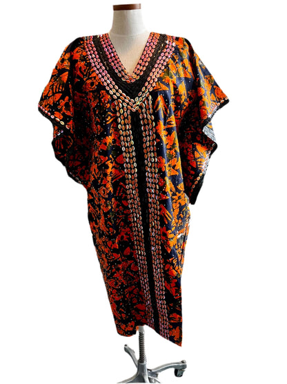 African  Ankara Wax Print Hand Beaded Short  Bubu Maxi Dress