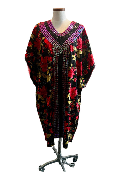 African  Ankara Wax Print Hand Beaded Short  Bubu Maxi Dress