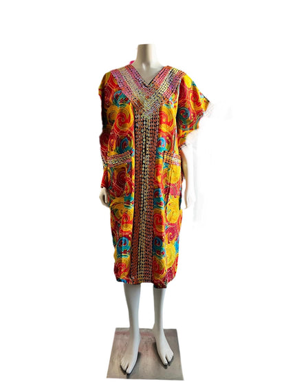 African  Ankara Wax Print Hand Beaded Short  Bubu Maxi Dress