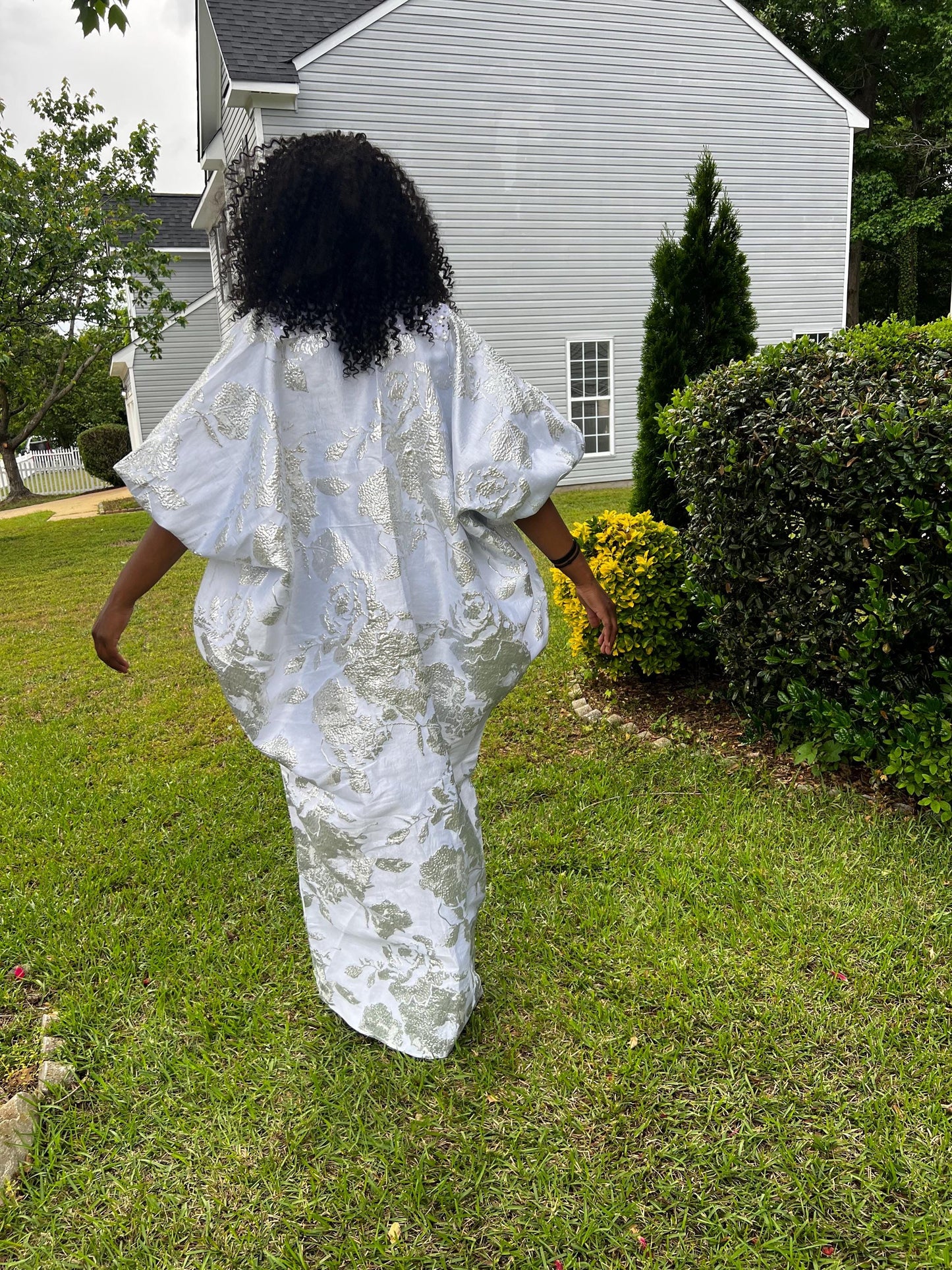 Luxury White African Damask Brocade Bubu/Boubou Maxi Dress