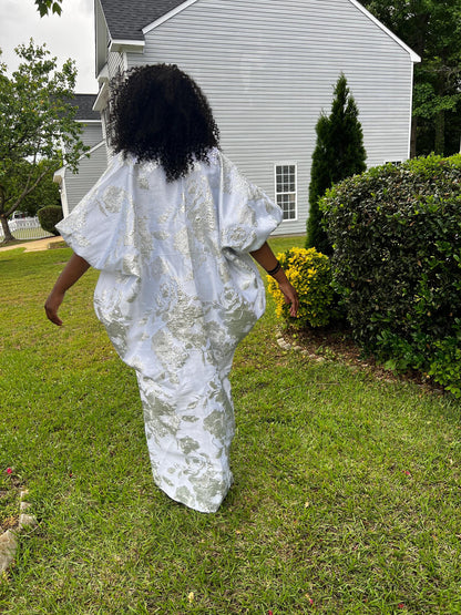 Luxury White African Damask Brocade Bubu/Boubou Maxi Dress