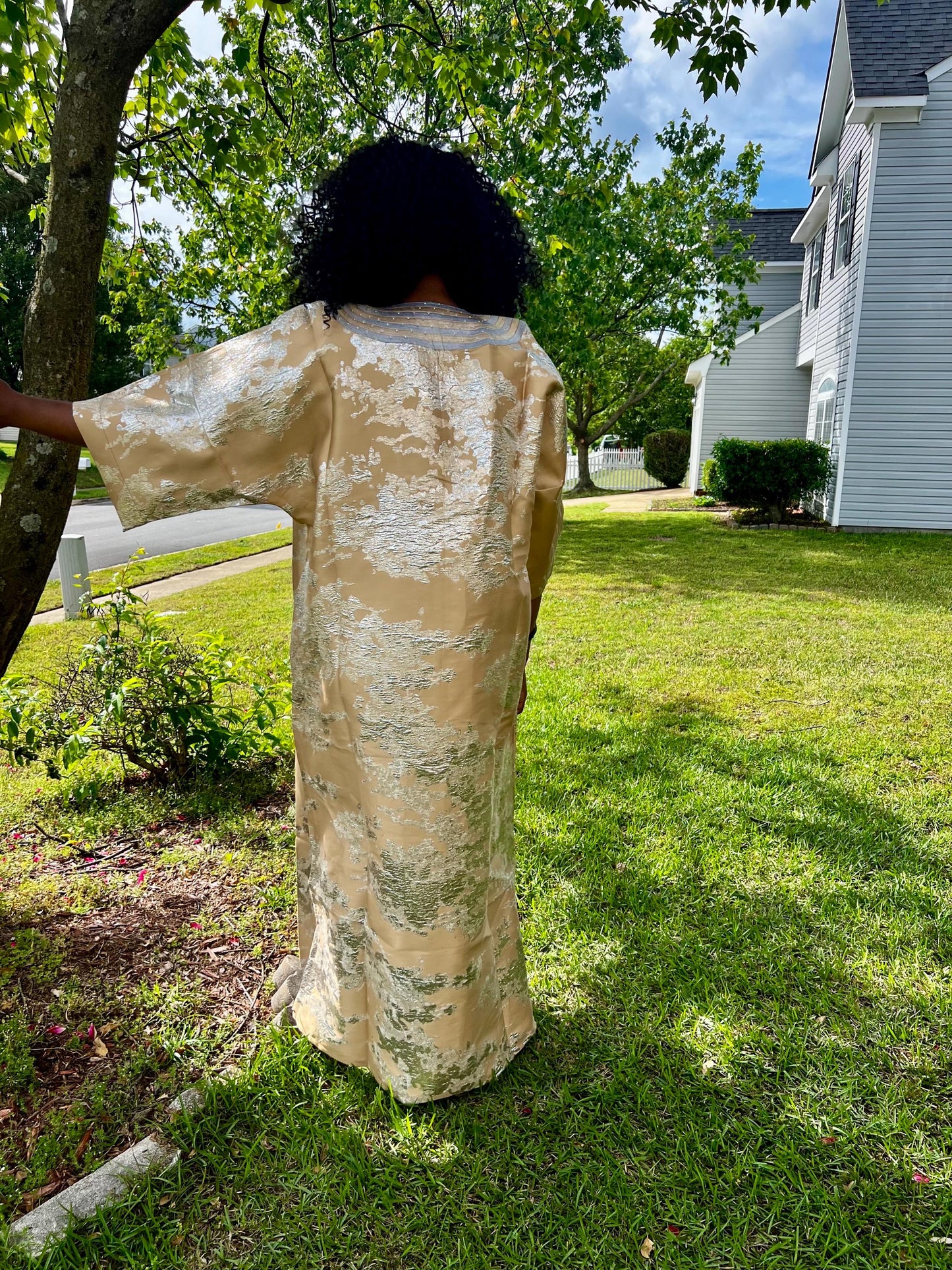 African Hand Beaded/Embroidered Afro Kayla Damask Brocade Kaftan Dress