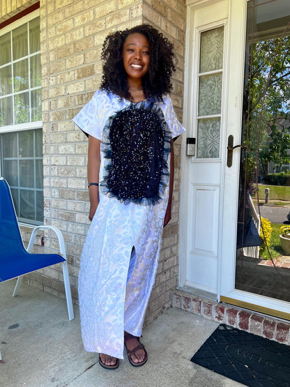 African Unique Damask Brocade with Sequin/Aso-Oke Boubou/Maxi Dress