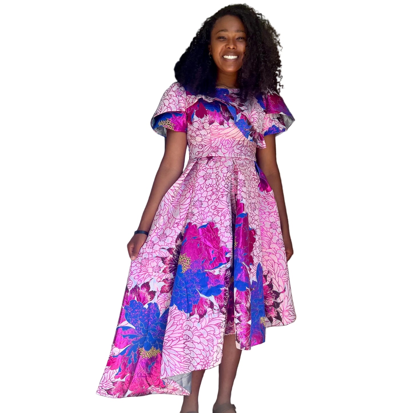 Luxury Damask Brocade  kiss Sleeves Floral Dress