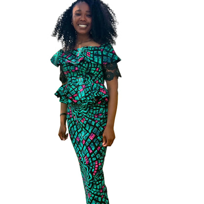 African Wax Print Ankara/Cord Lace  Skirt and Blouse Afro American Outfits