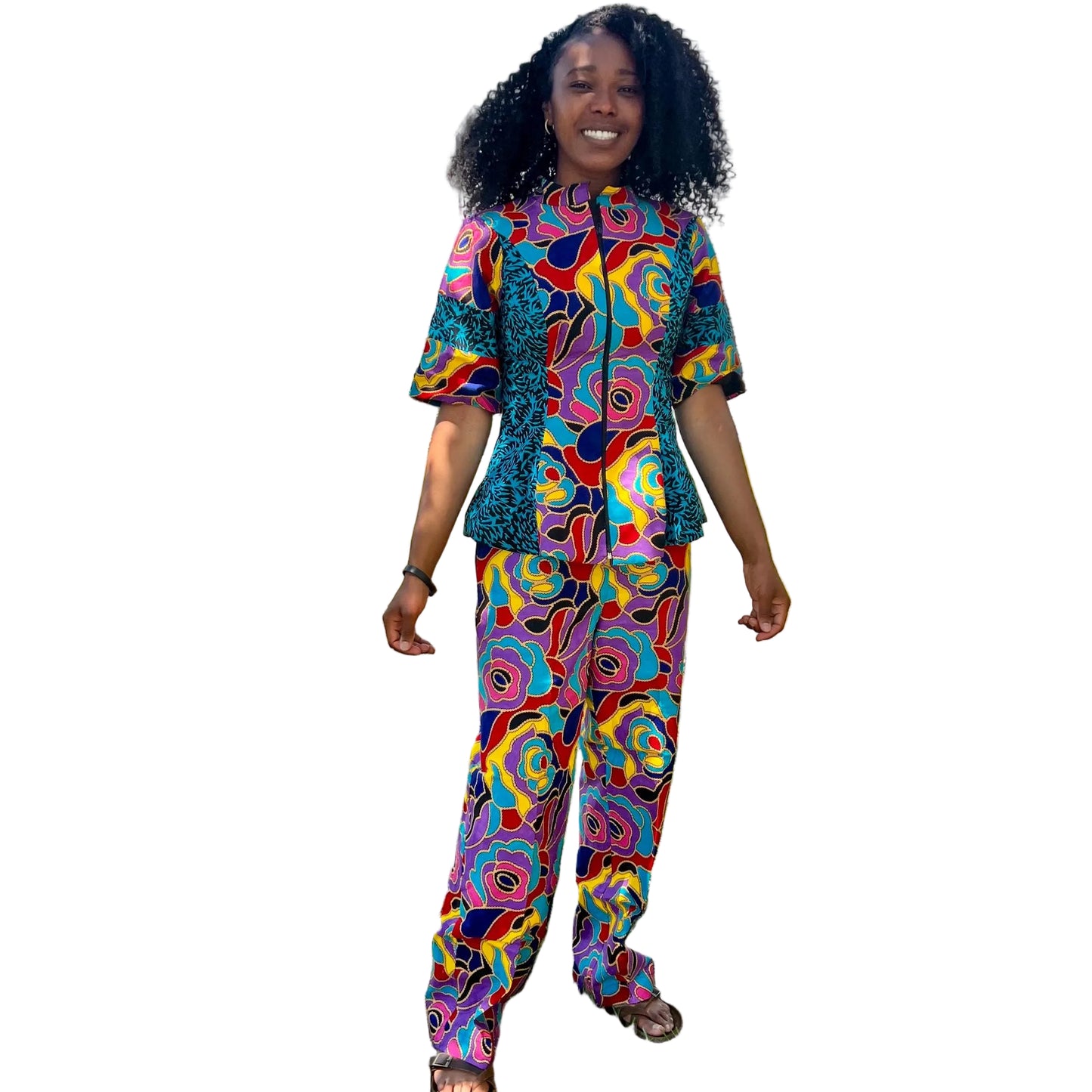 African Ankara Print Floral Front Zip 2p Pant Set