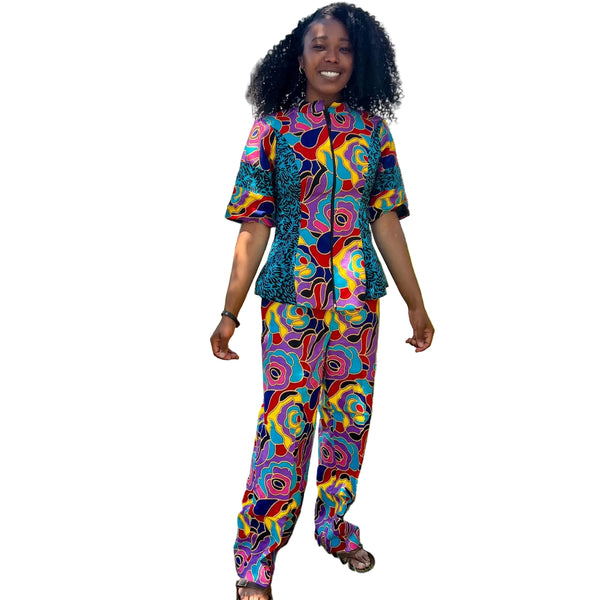 African Ankara Print Floral Front Zip 2p Pant Set Afro American Outfits