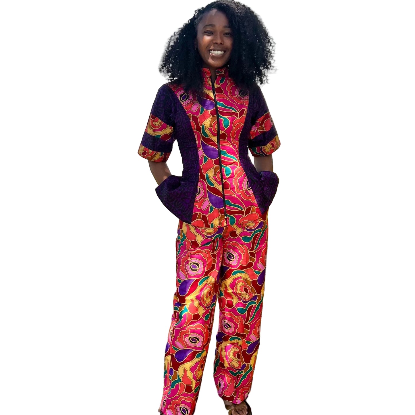 African Ankara Print Floral Front Zip 2p Pant Set