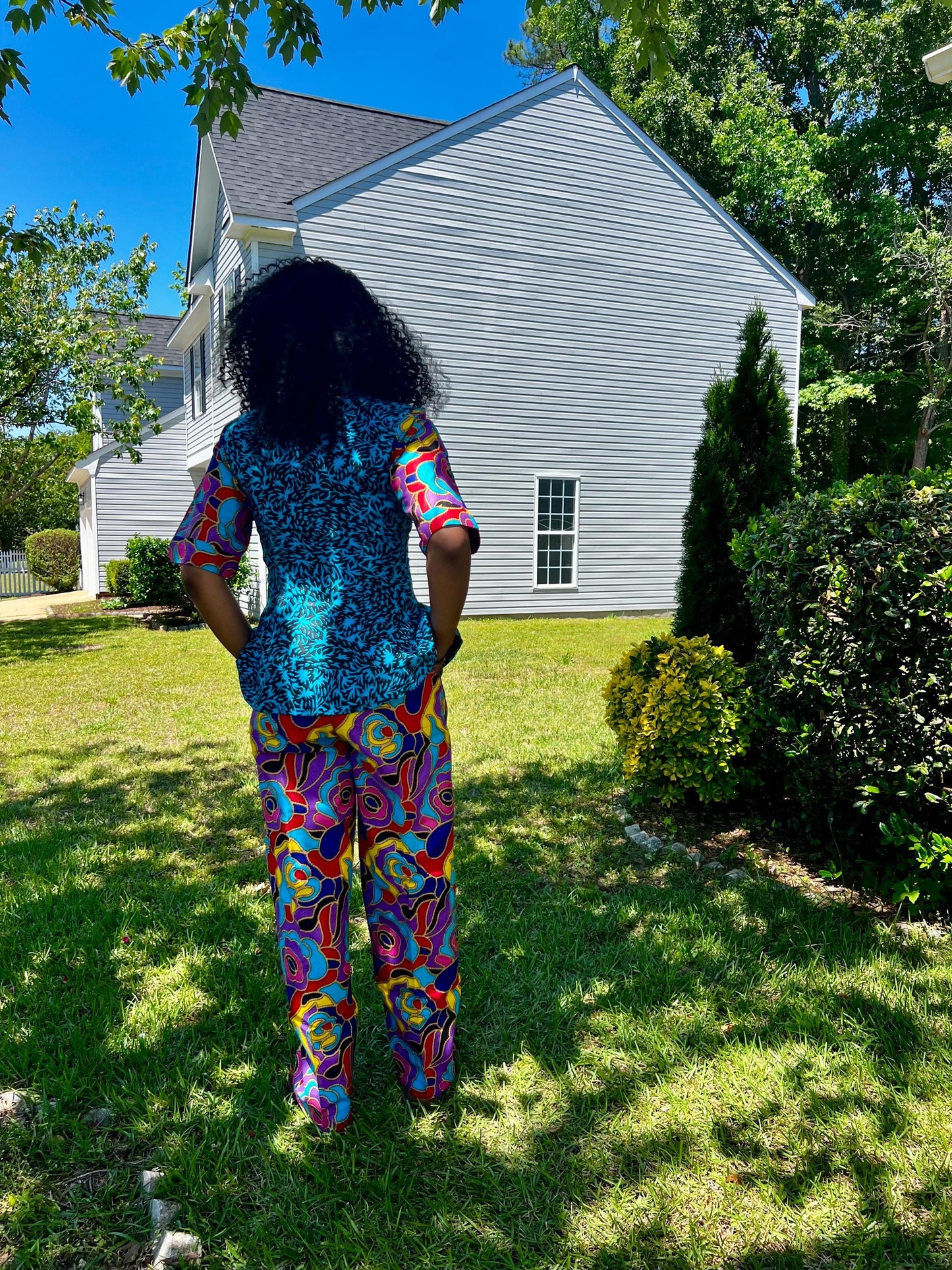 African Ankara Print Floral Front Zip 2p Pant Set