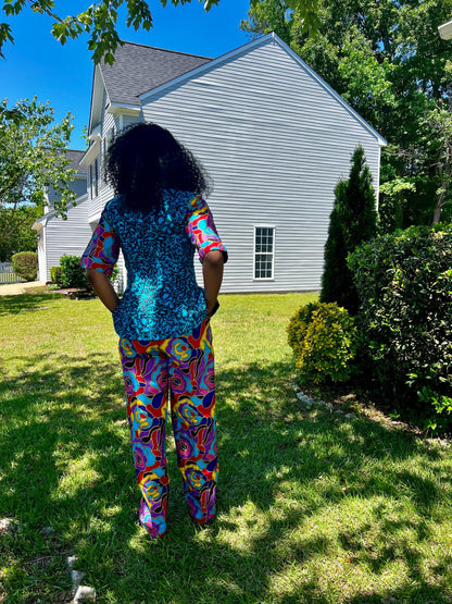 African Ankara Print Floral Front Zip 2p Pant Set