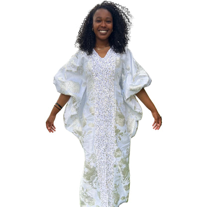 Luxury White African Damask Brocade Bubu/Boubou Maxi Dress