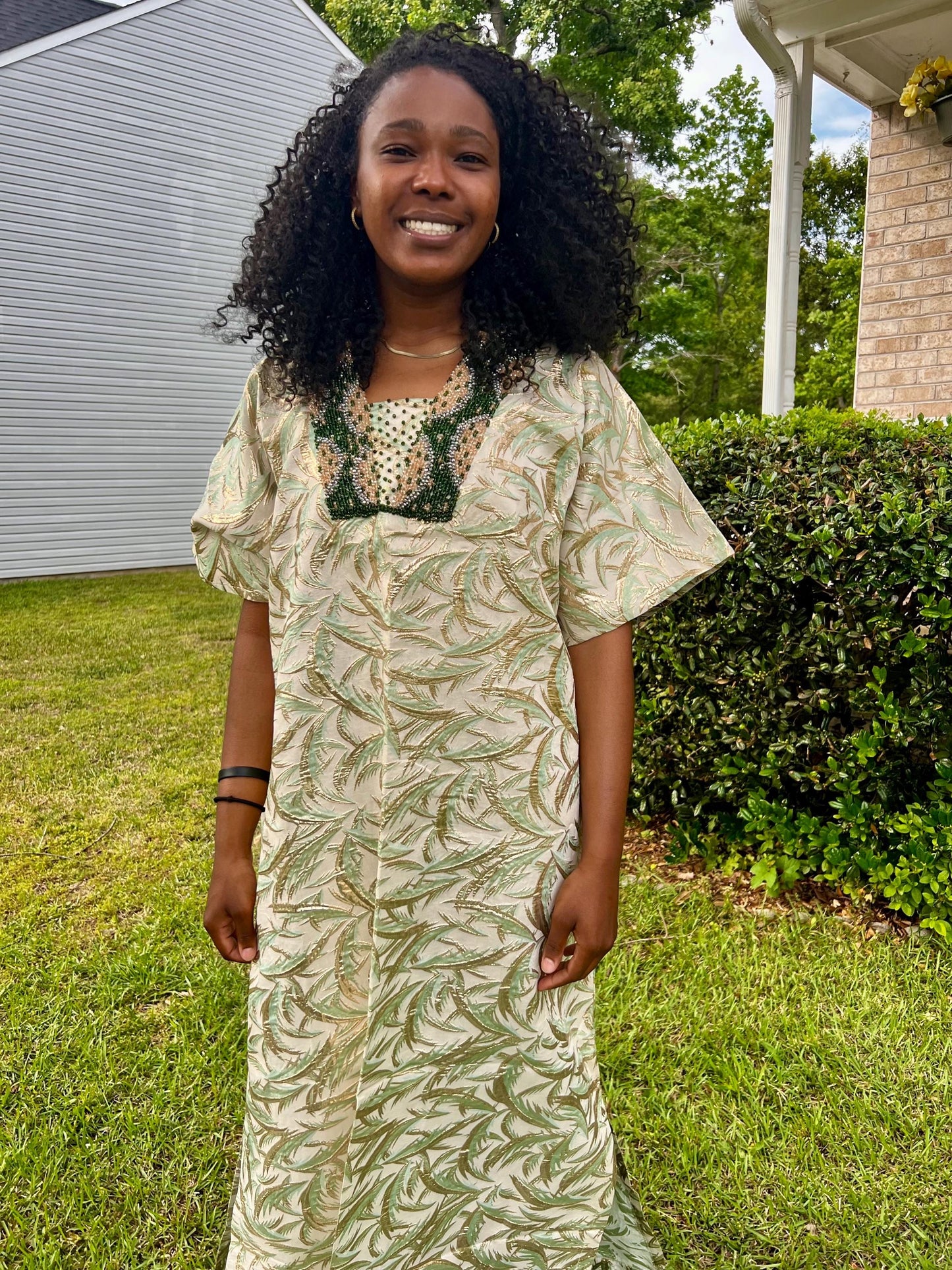 African Hand Beaded/Embroidered Afro Kayla Damask Brocade Kaftan Dress