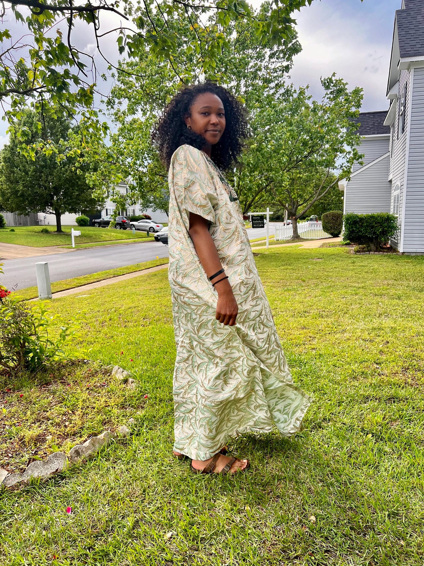 African Hand Beaded/Embroidered Afro Kayla Damask Brocade Kaftan Dress