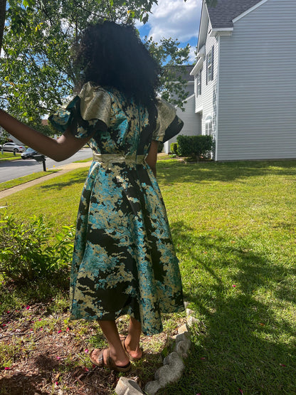 African Unique Luxury Damask Brocade Flare Dress