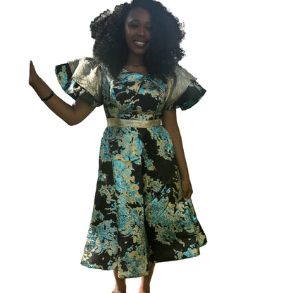 African Unique Luxury Damask Brocade Flare Dress