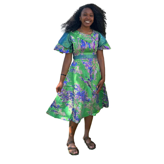African Unique Luxury Damask Brocade Flare Dress