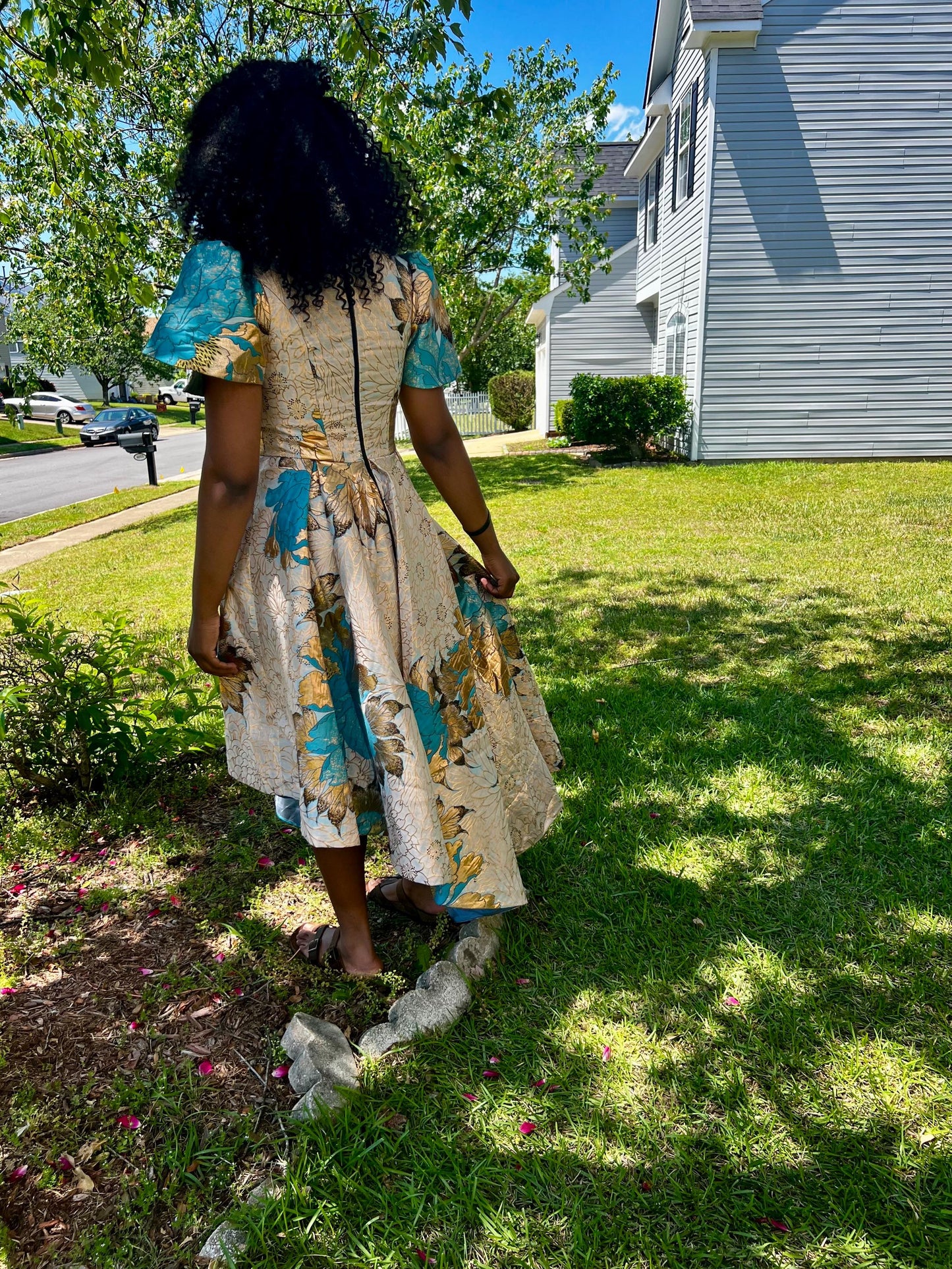 Luxury Damask Brocade  kiss Sleeves Floral Dress