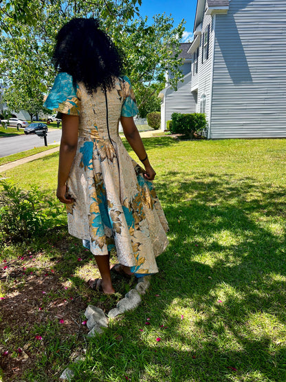 Luxury Damask Brocade  kiss Sleeves Floral Dress