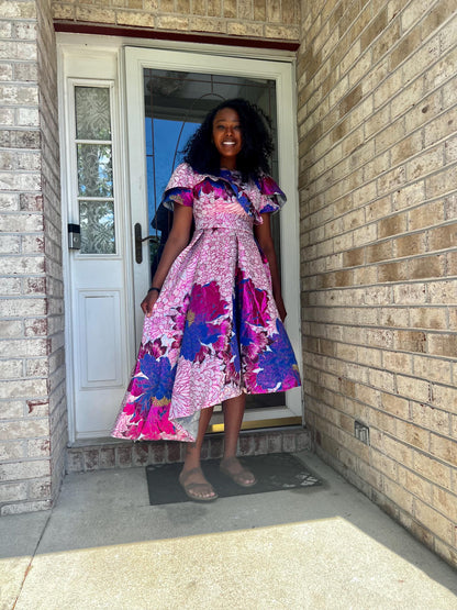 Luxury Damask Brocade  kiss Sleeves Floral Dress