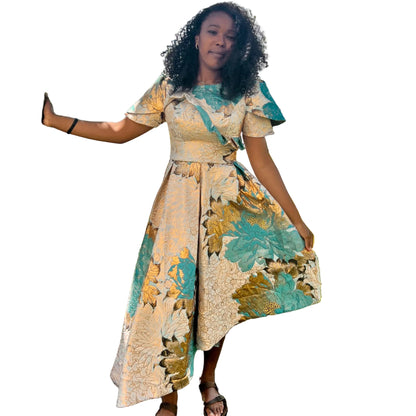 Luxury Damask Brocade  kiss Sleeves Floral Dress