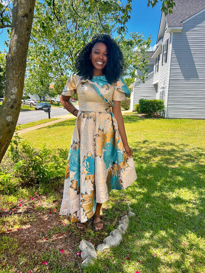 Luxury Damask Brocade  kiss Sleeves Floral Dress