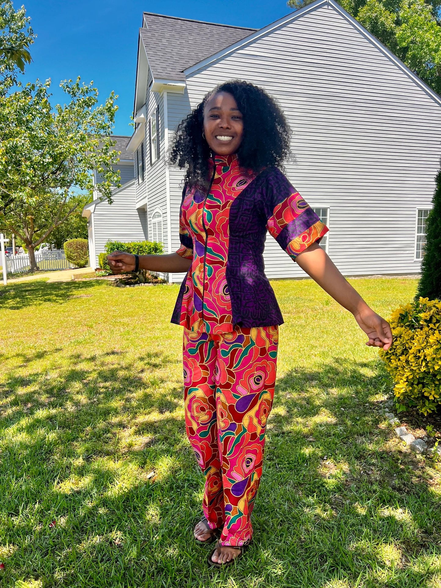 African Ankara Print Floral Front Zip 2p Pant Set