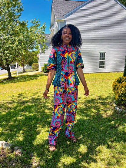 African Ankara Print Floral Front Zip 2p Pant Set
