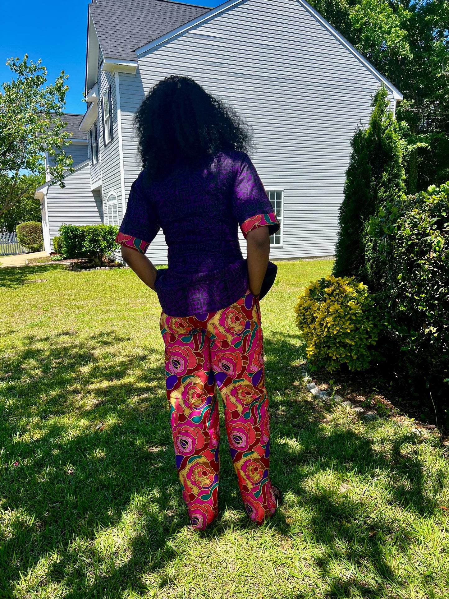 African Ankara Print Floral Front Zip 2p Pant Set