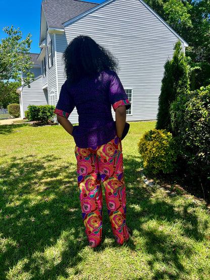 African Ankara Print Floral Front Zip 2p Pant Set