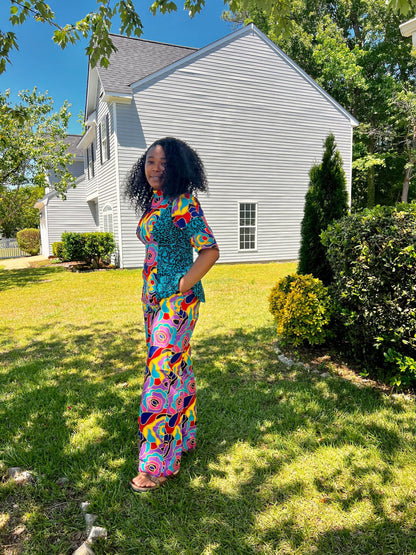 African Ankara Print Floral Front Zip 2p Pant Set