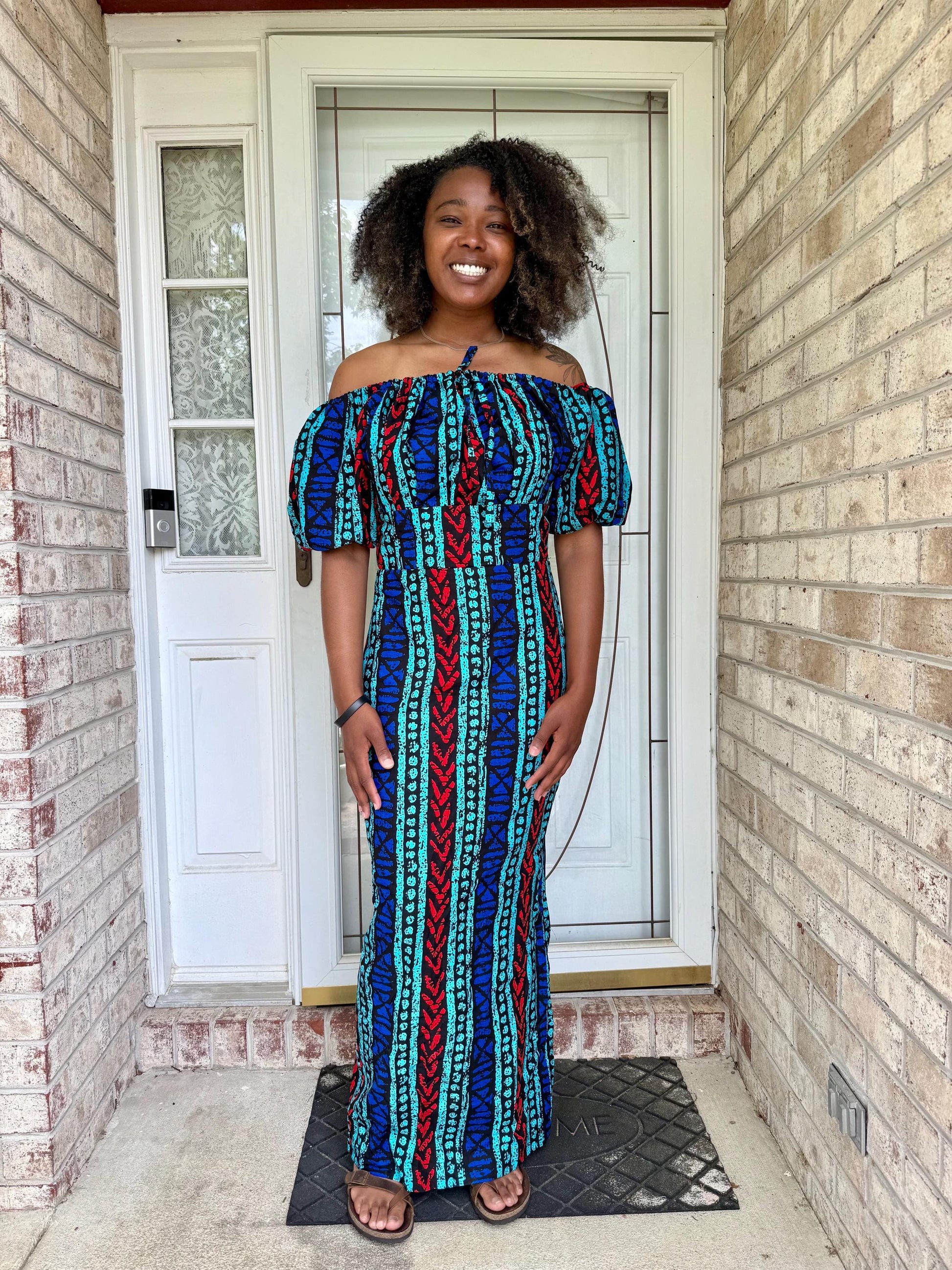 Ankara African Print Tie-Front Long Dress: Off-Shoulder Cotton Fashion Afro American Outfits