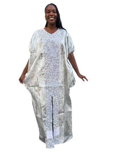 Luxury White African Damask Brocade Bubu/Boubou Maxi Dress
