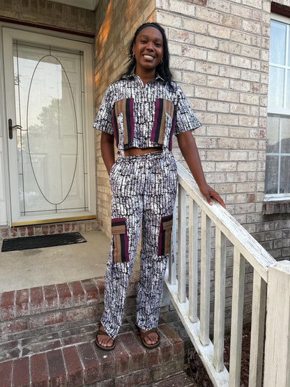 African Wax Print Ankara Mixed Aso-Oke/Kente Afro Gabriella Cropped Top 2p Pant Set