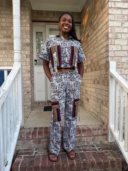 African Wax Print Ankara Mixed Aso-Oke/Kente Afro Gabriella Cropped Top 2p Pant Set