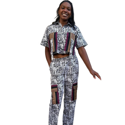 African Wax Print Ankara Mixed Aso-Oke/Kente Afro Gabriella Cropped Top 2p Pant Set