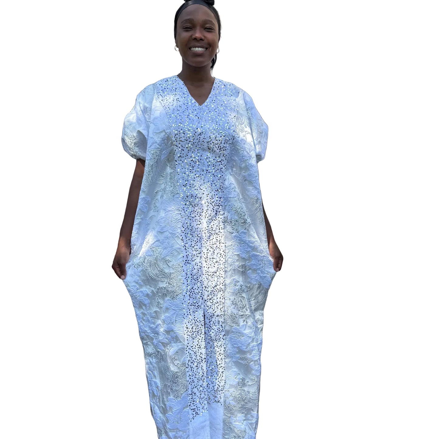 Luxury White African Damask Brocade Bubu/Boubou Maxi Dress