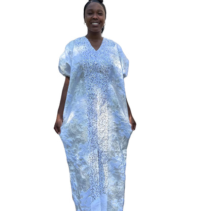 Luxury White African Damask Brocade Bubu/Boubou Maxi Dress