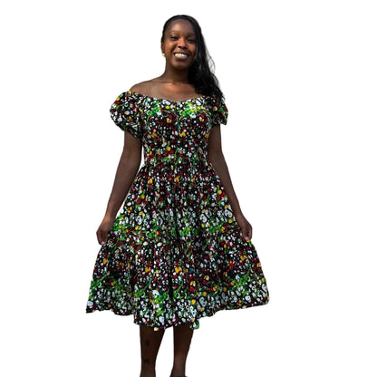 African Print Ankara Polkadot Adjustable Off Shoulder Dress